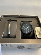 Fossil Mens Black Stainless Steel Mesh Watch and Leather Bracelet Set. FS5786SET for sale  Shipping to South Africa