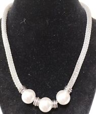Gorgeous Silvertone Mesh Rope Necklace with 3 Large Faux Pearls Choker for sale  Shipping to South Africa