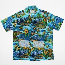 Vtg Waikiki 76 70s Hawaiian Shirt Mens Size M Catamaran Island Palm Poly Blue, used for sale  Shipping to South Africa