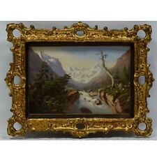Około 1880-1900 Stary obraz olejny Górski krajobraz ze znakiem rzecznym Różowy Bernard 45x35cm, używany na sprzedaż  PL