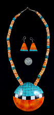 Vintage Pueblo Necklace & Earrings - Sterling, Turquoise, Spondylus Shell  5.9oz for sale  Shipping to South Africa