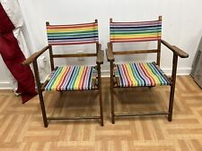 PAR DE SILLAS PLEGABLES DE MADERA de colección conjunto mediados de siglo porche patio madera lona asiento 2 segunda mano  Embacar hacia Argentina