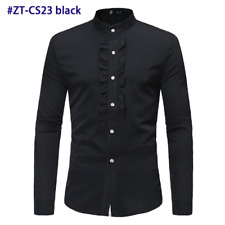 Mens Ruffle Tuxedo Dress Shirts Slim Fit Long Sleeve Stand Collar Shirt Prom for sale  Shipping to South Africa