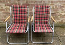 Vintage Pair Folding Deck Chairs Garden Camping Tartan Check 70's Wood Armrest for sale  Shipping to South Africa