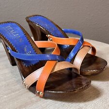 Zapatos italianos sandalia tacones de rosquilla de madera talla 6 azul naranja bronceado segunda mano  Embacar hacia Argentina
