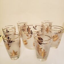 Set 6 Vtg MCM Libbey Frosted Gold Leaf Glassware 8 oz tumbler w/ice bucket for sale  Shipping to South Africa