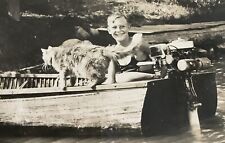 Boy On Wood Motorboat With Wet Cat Kitten Black & White Photo Photograph  for sale  Shipping to South Africa