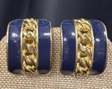 Vintage R.J. Graziano Navy Enamel Gold Tone Rope Clip On Earrings for sale  Shipping to South Africa