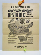 Used, Vintage - RESTONIC MATTRESS Flyer - A.L. CAMPBELL & SON - ELGIN, Ontario 1955 for sale  Shipping to South Africa
