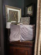 COUNTRY HOUSE SALE Grey Velvet Effect Pair Scatter Cushions Pompom Trim Sofa Bed for sale  Shipping to South Africa