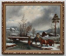 Pejzaż zimowy z ludźmi i końmi, XIX-wieczny olej na płótnie obraz na sprzedaż  PL