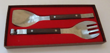 Mid Century Burnco Stainless Serving Fork Spoon and Tongs Teak Handles, used for sale  Shipping to South Africa