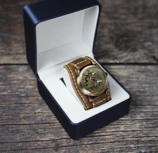 Automatyczny zegarek szkieletowy + brązowy skórzany pasek do zegarka, styl steampunkowy, świetny prezent na sprzedaż  PL