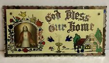 RARO Antigo DEUS ABENÇOE NOSSO LAR Sagrado Coração de JESUS Vintage Foil Art em Vidro comprar usado  Enviando para Brazil
