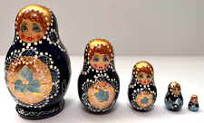 Bonecas de aninhamento russas vintage Matrioska 5 peças pintadas à mão azul dourado dourado, assinadas comprar usado  Enviando para Brazil