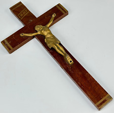 VINTAGE FRENCH WOODEN CROSS WITH PAINTED GOLD DETAIL & JESUS, REPAIR ON BACK for sale  Shipping to South Africa