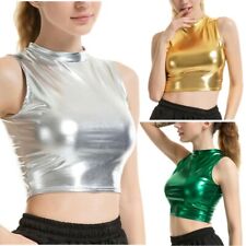 Women's Shiny Metallic Sleeveless Mock Neck Crop Top Bustier Tank Tops Clubwear myynnissä  Leverans till Finland