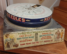 Antique BOYE NEEDLES Co. STOCKED Metal Round Case w Wood Base & Colorful Display for sale  Rice