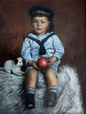 Obraz olejny portret dziecka, wizerunek chłopca w odzieży marynarza z psem, około 1900 roku, używany na sprzedaż  PL