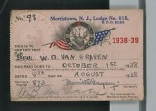 1938-39 B.P.O. Elks Membership Card Morristown, N.J. Lodge No. 815  A4 for sale  Shipping to South Africa