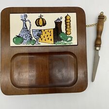 Vintage Cheese Board Attached Knife Wood Tile 70s Square Charcuterie Buffet MCM for sale  Shipping to South Africa