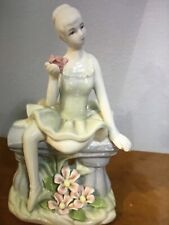Ballerina Figurine Sitting On A Bench Holding A Flower Green Dress 6.5" Prcelain for sale  Shipping to South Africa