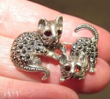Used, VINTAGE 925 STERLING SILVER MARCASITE & GARNET KITTEN KITTY CATS BROOCH PIN  for sale  SCARBOROUGH