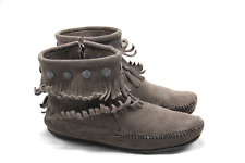 Minnetonka Double Fringe Moccasin Boots Womens Size 6 Gray Side Zip 6911 Leather, used for sale  Shipping to South Africa