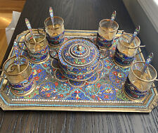 Antique Cloisonne Gold Plated 84 Silver Persian Enamel Tea Set for sale  Shipping to Canada