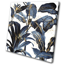 Navy Tropical Exotic Leaves Gold Floral SINGLE CANVAS WALL ART Picture Print for sale  UK