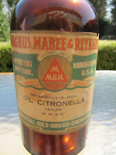 Botella de vidrio ámbar de aceite de citronela vintage ~ etiqueta original ~ tapón de corcho ~ M.M. & R~1 lb segunda mano  Embacar hacia Mexico