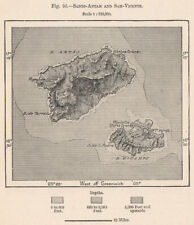 Santo Antão e São Vicente. Ilhas de Cabo Verde. Mapa antigo Atlantic 1885 comprar usado  Enviando para Brazil