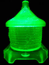 Green Vaseline glass covered bee hive Honey pot jar dish uranium insect / yellow for sale  Shipping to South Africa
