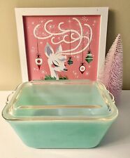 HTF Glasbake Refrigerator Dish Loaf Pan Turquoise Milk Glass Clear Lid, used for sale  Shipping to South Africa