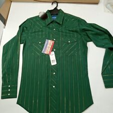 Camisa listrada metálica masculina vintage Wrangler ocidental pérola Snap verde ouro pequena comprar usado  Enviando para Brazil