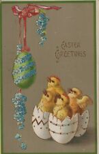 "Easter Greetings" Chicks Hatching From Eggs Gel Finish Postcard 1914, used for sale  Shipping to United Kingdom