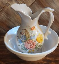 Used Vintage Avon Wash Basin & Pitcher Set/ White With Flowers- Ceramic/Bathroom for sale  Shipping to South Africa