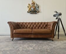 229. DISTRESSED HALO VINTAGE TAN LEATHER 2 SEATER CHESTERFIELD SOFA 🚚 🇬🇧 for sale  ROTHERHAM