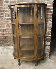 Vintage American Oak China Display Cabinet Curved Side Curio Wood Glass Bookcase for sale  Baltimore