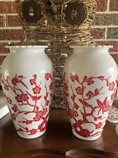VINTAGE ANCHOR HOCKING WHITE MILK GLASS 9” VASE RED DESIGN BIRDS CHERRY BLOSSOMS, used for sale  Shipping to South Africa