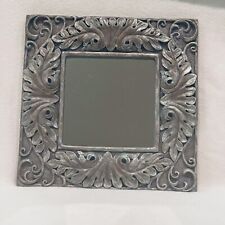 Vintage Carved Wood Square Framed Mirror Grey Silver W/ Leaf Scroll for sale  Shipping to South Africa