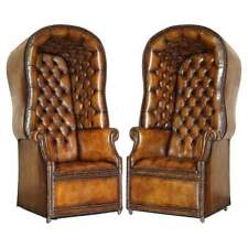 PAIR OF LATE VICTORIAN HAND DYED BROWN LEATHER CHESTERFIELD PORTERS ARMCHAIRS for sale  Shipping to South Africa
