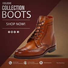 Mens Handmade Tan Brown Wingtip Brogue Boots Lace-up Ankle Combat Biker Shoes for sale  Shipping to South Africa