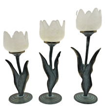 Castiçais vintage vidro fosco flor de tulipa metal Verdigris 9,25 8,25 7,25 comprar usado  Enviando para Brazil