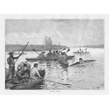 Waterpolo victoriano con canoa - estampado antiguo 1884 segunda mano  Embacar hacia Argentina