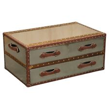 VINTAGE HAND ALUMINIUM & BROWN LEATHER AVIATOR COFFEE TABLE STORAGE TRUNK CHEST, used for sale  Shipping to South Africa