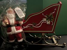 Vintage Red  Wooden Brass Tabletop Sleigh Christmas Holiday Decor 10 Inch Santa for sale  Shipping to South Africa