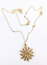 Antique VICTORIAN 9ct Gold Seed Pearl SNOWFLAKE Pendant 18" Chain Necklace for sale  BARNSLEY