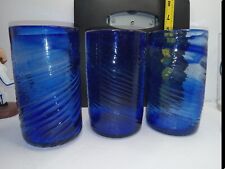 3/Tres vasos antiguos/vintage azul cobalto remolino vidrio óptico soplado a mano segunda mano  Embacar hacia Mexico