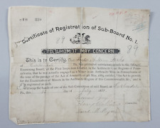 1889 Anthracite Coal Region Miners Sub Board No 1 Certificate Carbondale PA for sale  Shipping to South Africa